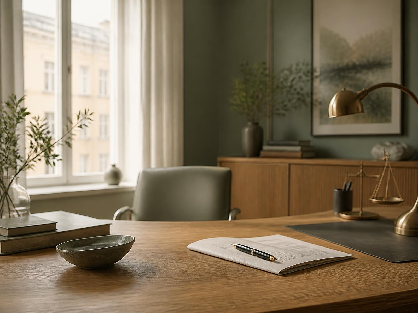 Lugnt mottagningsrum hos juristbyrå med skrivbord, dokument och penna